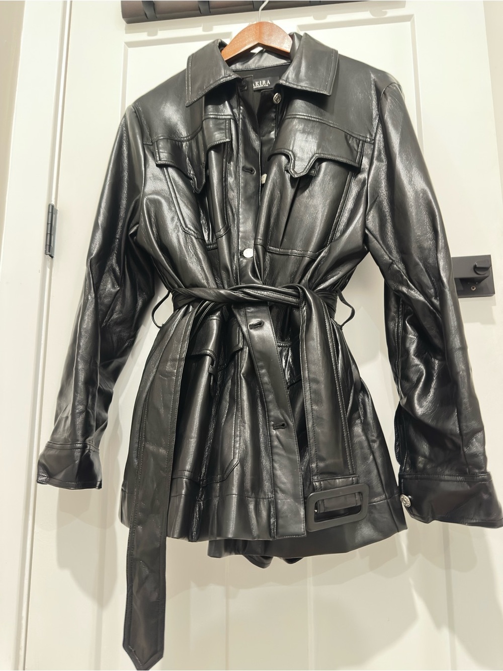 AKIRA Black Faux Leather Belted Jacket